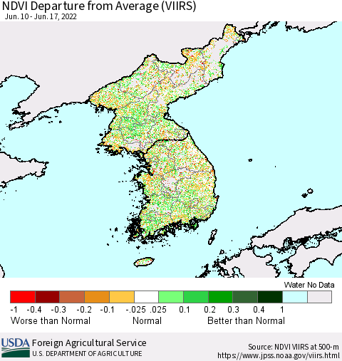 Korea NDVI Departure from Average (VIIRS) Thematic Map For 6/11/2022 - 6/20/2022
