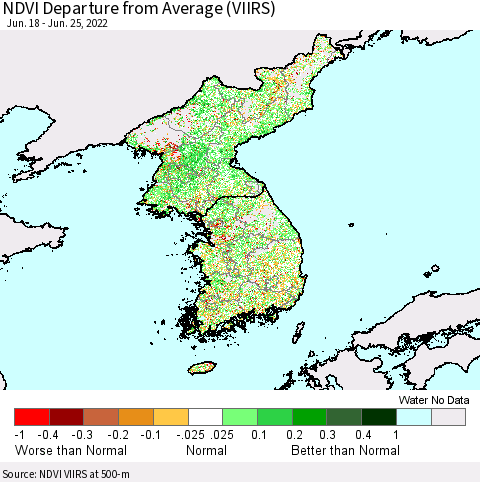 Korea NDVI Departure from Average (VIIRS) Thematic Map For 6/18/2022 - 6/25/2022