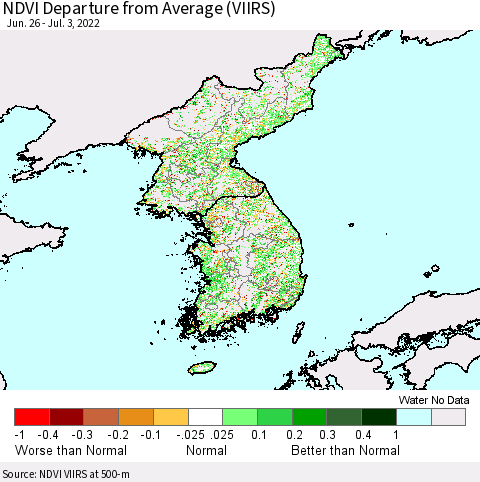 Korea NDVI Departure from Average (VIIRS) Thematic Map For 6/26/2022 - 7/3/2022