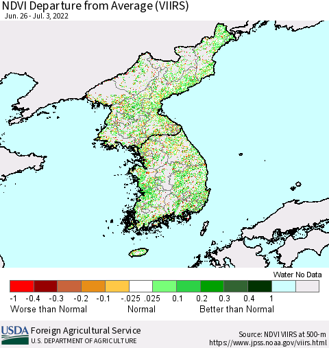 Korea NDVI Departure from Average (VIIRS) Thematic Map For 7/1/2022 - 7/10/2022