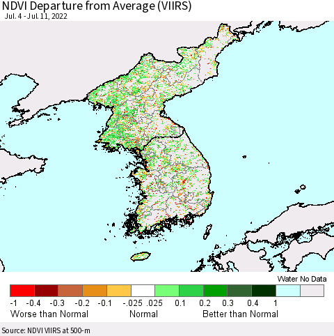 Korea NDVI Departure from Average (VIIRS) Thematic Map For 7/4/2022 - 7/11/2022