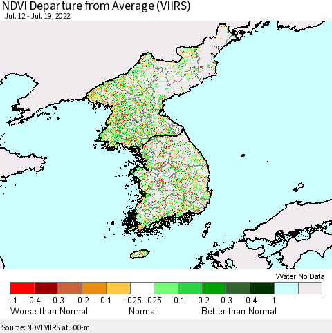 Korea NDVI Departure from Average (VIIRS) Thematic Map For 7/12/2022 - 7/19/2022