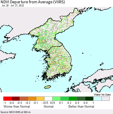 Korea NDVI Departure from Average (VIIRS) Thematic Map For 7/20/2022 - 7/27/2022