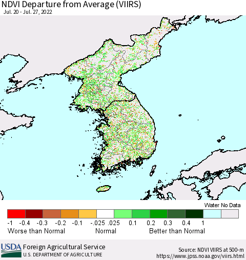 Korea NDVI Departure from Average (VIIRS) Thematic Map For 7/21/2022 - 7/31/2022