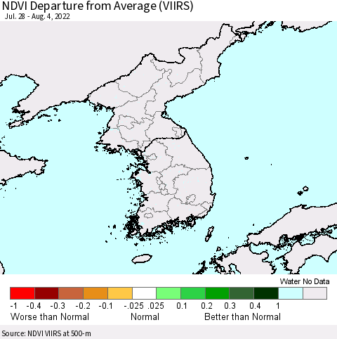 Korea NDVI Departure from Average (VIIRS) Thematic Map For 7/28/2022 - 8/4/2022