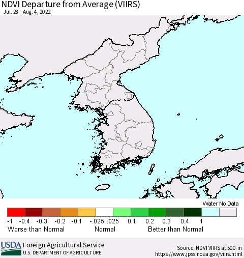 Korea NDVI Departure from Average (VIIRS) Thematic Map For 8/1/2022 - 8/10/2022