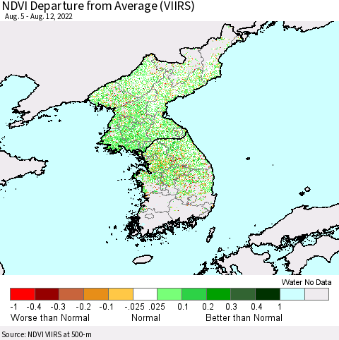 Korea NDVI Departure from Average (VIIRS) Thematic Map For 8/5/2022 - 8/12/2022