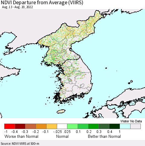 Korea NDVI Departure from Average (VIIRS) Thematic Map For 8/11/2022 - 8/20/2022