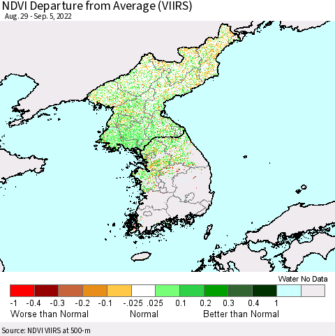 Korea NDVI Departure from Average (VIIRS) Thematic Map For 8/29/2022 - 9/5/2022