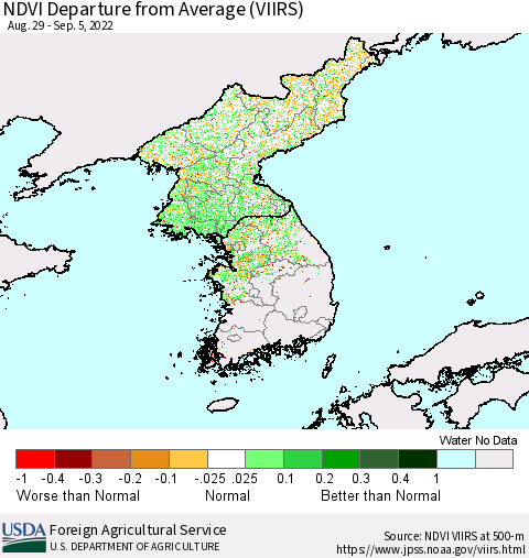 Korea NDVI Departure from Average (VIIRS) Thematic Map For 9/1/2022 - 9/10/2022