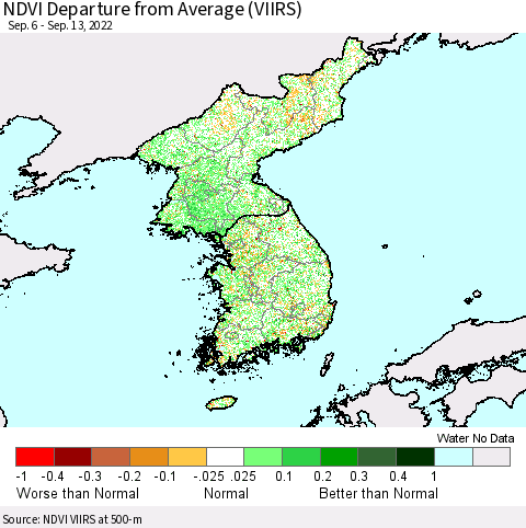Korea NDVI Departure from Average (VIIRS) Thematic Map For 9/6/2022 - 9/13/2022
