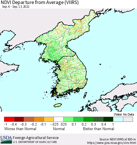 Korea NDVI Departure from Average (VIIRS) Thematic Map For 9/11/2022 - 9/20/2022