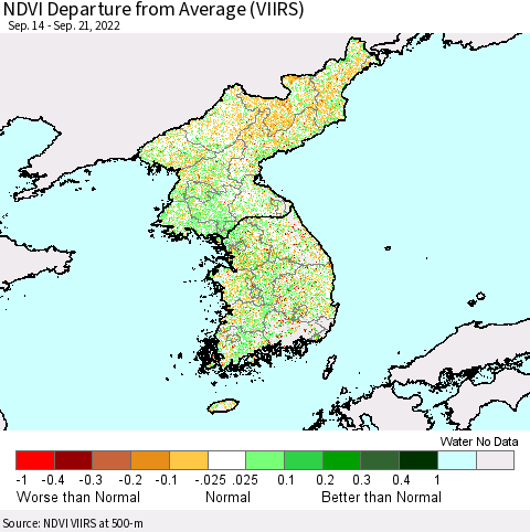 Korea NDVI Departure from Average (VIIRS) Thematic Map For 9/14/2022 - 9/21/2022