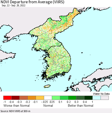 Korea NDVI Departure from Average (VIIRS) Thematic Map For 9/22/2022 - 9/29/2022