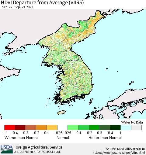 Korea NDVI Departure from Average (VIIRS) Thematic Map For 9/21/2022 - 9/30/2022