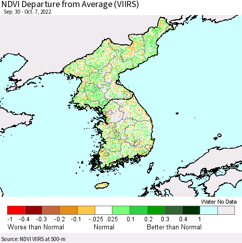 Korea NDVI Departure from Average (VIIRS) Thematic Map For 9/30/2022 - 10/7/2022