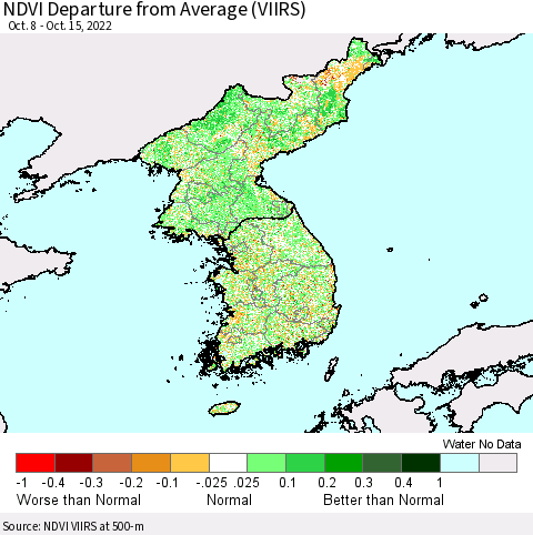 Korea NDVI Departure from Average (VIIRS) Thematic Map For 10/8/2022 - 10/15/2022