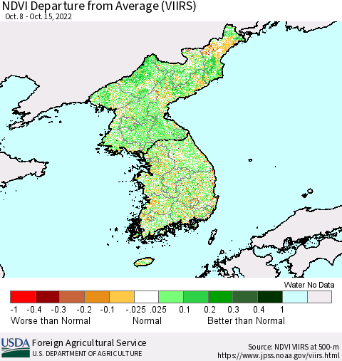 Korea NDVI Departure from Average (VIIRS) Thematic Map For 10/11/2022 - 10/20/2022