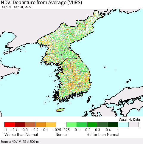 Korea NDVI Departure from Average (VIIRS) Thematic Map For 10/21/2022 - 10/31/2022
