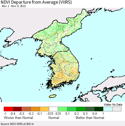 Korea NDVI Departure from Average (VIIRS) Thematic Map For 11/1/2022 - 11/8/2022