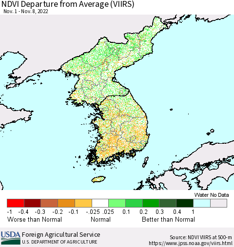 Korea NDVI Departure from Average (VIIRS) Thematic Map For 11/1/2022 - 11/10/2022