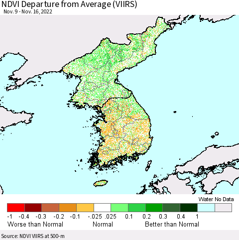 Korea NDVI Departure from Average (VIIRS) Thematic Map For 11/9/2022 - 11/16/2022