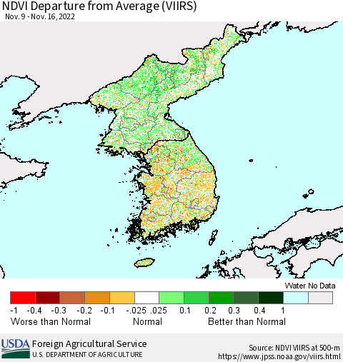 Korea NDVI Departure from Average (VIIRS) Thematic Map For 11/11/2022 - 11/20/2022
