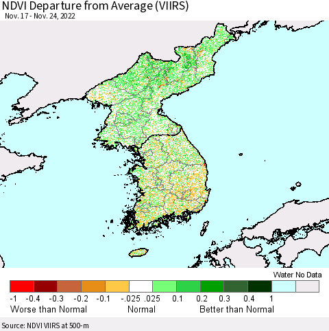 Korea NDVI Departure from Average (VIIRS) Thematic Map For 11/17/2022 - 11/24/2022