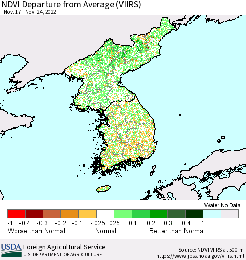 Korea NDVI Departure from Average (VIIRS) Thematic Map For 11/21/2022 - 11/30/2022