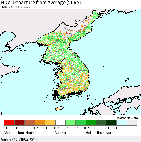 Korea NDVI Departure from Average (VIIRS) Thematic Map For 11/25/2022 - 12/2/2022
