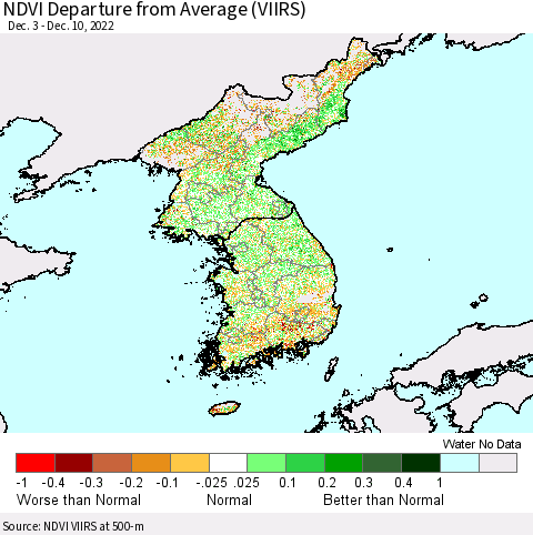 Korea NDVI Departure from Average (VIIRS) Thematic Map For 12/1/2022 - 12/10/2022