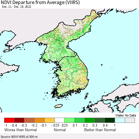 Korea NDVI Departure from Average (VIIRS) Thematic Map For 12/11/2022 - 12/18/2022