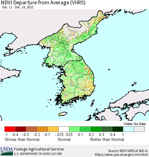 Korea NDVI Departure from Average (VIIRS) Thematic Map For 12/11/2022 - 12/20/2022