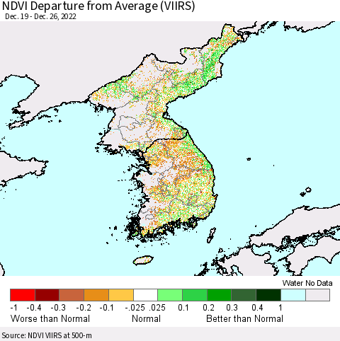 Korea NDVI Departure from Average (VIIRS) Thematic Map For 12/19/2022 - 12/26/2022