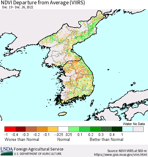Korea NDVI Departure from Average (VIIRS) Thematic Map For 12/21/2022 - 12/31/2022