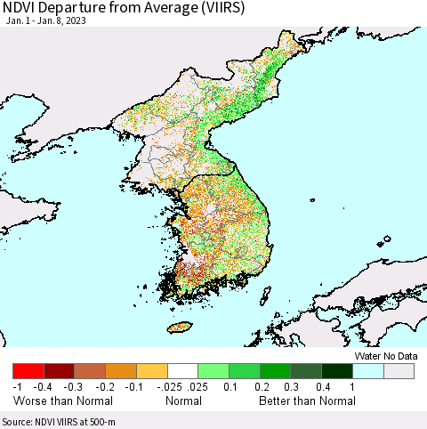 Korea NDVI Departure from Average (VIIRS) Thematic Map For 1/1/2023 - 1/8/2023
