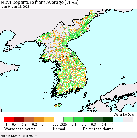 Korea NDVI Departure from Average (VIIRS) Thematic Map For 1/9/2023 - 1/16/2023