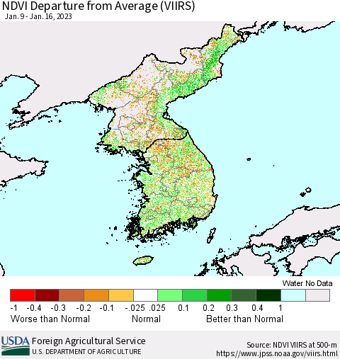 Korea NDVI Departure from Average (VIIRS) Thematic Map For 1/11/2023 - 1/20/2023