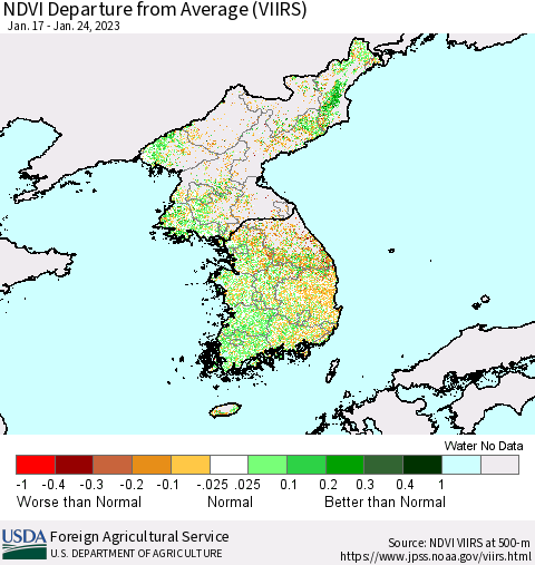 Korea NDVI Departure from Average (VIIRS) Thematic Map For 1/21/2023 - 1/31/2023