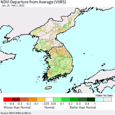Korea NDVI Departure from Average (VIIRS) Thematic Map For 1/25/2023 - 2/1/2023