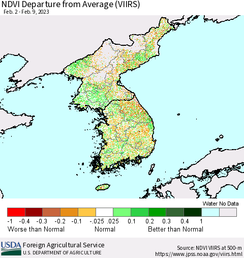 Korea NDVI Departure from Average (VIIRS) Thematic Map For 2/1/2023 - 2/10/2023