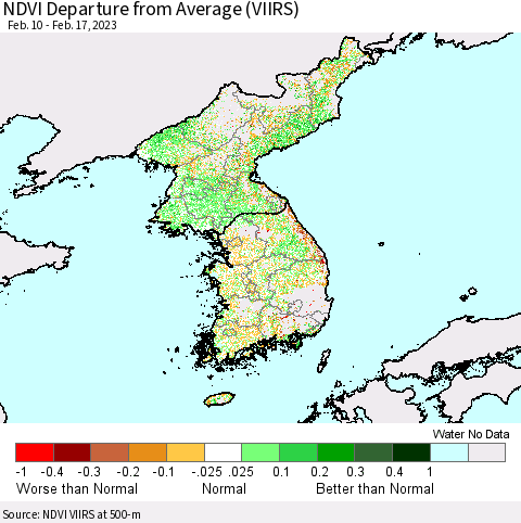 Korea NDVI Departure from Average (VIIRS) Thematic Map For 2/10/2023 - 2/17/2023