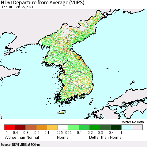 Korea NDVI Departure from Average (VIIRS) Thematic Map For 2/18/2023 - 2/25/2023