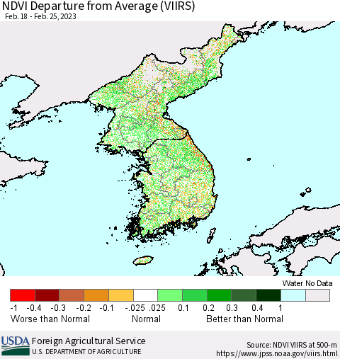 Korea NDVI Departure from Average (VIIRS) Thematic Map For 2/21/2023 - 2/28/2023
