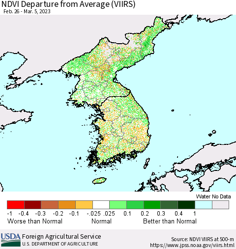 Korea NDVI Departure from Average (VIIRS) Thematic Map For 3/1/2023 - 3/10/2023