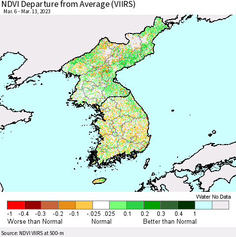 Korea NDVI Departure from Average (VIIRS) Thematic Map For 3/6/2023 - 3/13/2023
