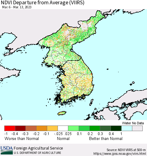 Korea NDVI Departure from Average (VIIRS) Thematic Map For 3/11/2023 - 3/20/2023