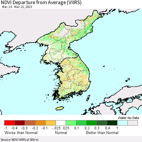 Korea NDVI Departure from Average (VIIRS) Thematic Map For 3/14/2023 - 3/21/2023