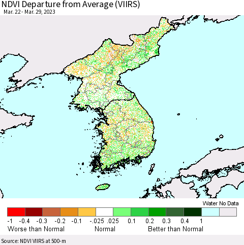 Korea NDVI Departure from Average (VIIRS) Thematic Map For 3/22/2023 - 3/29/2023