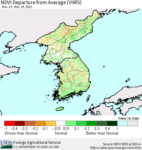 Korea NDVI Departure from Average (VIIRS) Thematic Map For 3/21/2023 - 3/31/2023